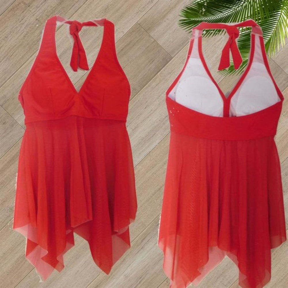 RED SHEER HALTER TWO PIECE SWIMSUIT